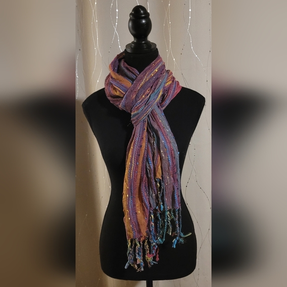 ANU Boho Metallic Striped 100% Cotton Fringe Scarf 72"x18" - Picture 3 of 8